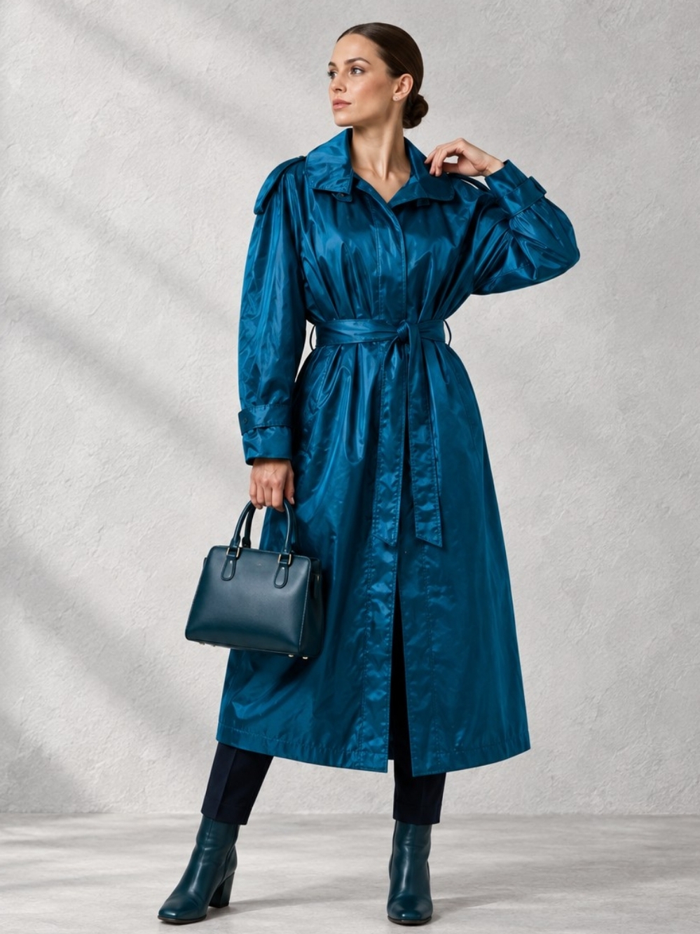 Vintage 80s Blue Metallic Trench Coat Size 14 Retro Old Money Grandmillenial